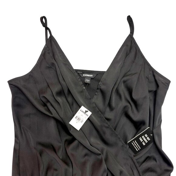 Express Black Satin Pleated Faux Wrap Cami Bodysuit - Picture 5 of 8